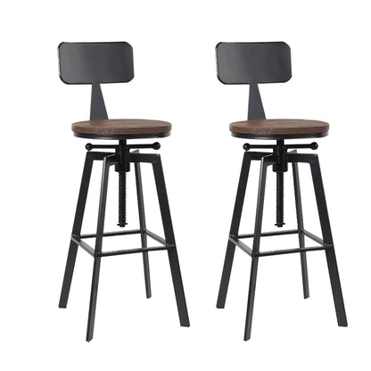 Set of 2 Swivel Adjustable Industrial Bar Stools w/backrest – Black Metal Frame & Elm Wood Seat