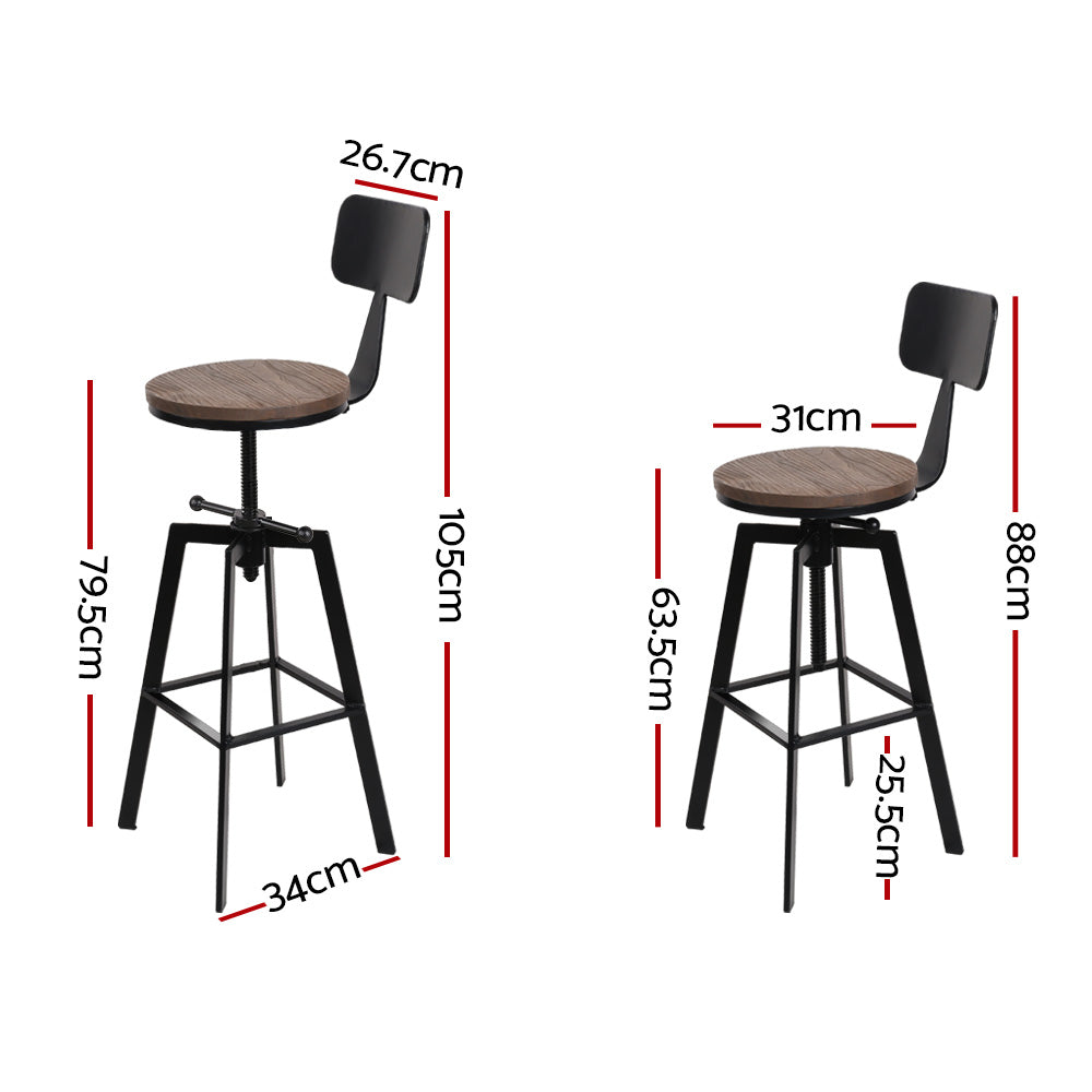 Set of 2 Swivel Adjustable Industrial Bar Stools w/backrest – Black Metal Frame & Elm Wood Seat