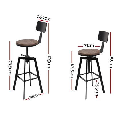 Set of 2 Swivel Adjustable Industrial Bar Stools w/backrest – Black Metal Frame & Elm Wood Seat