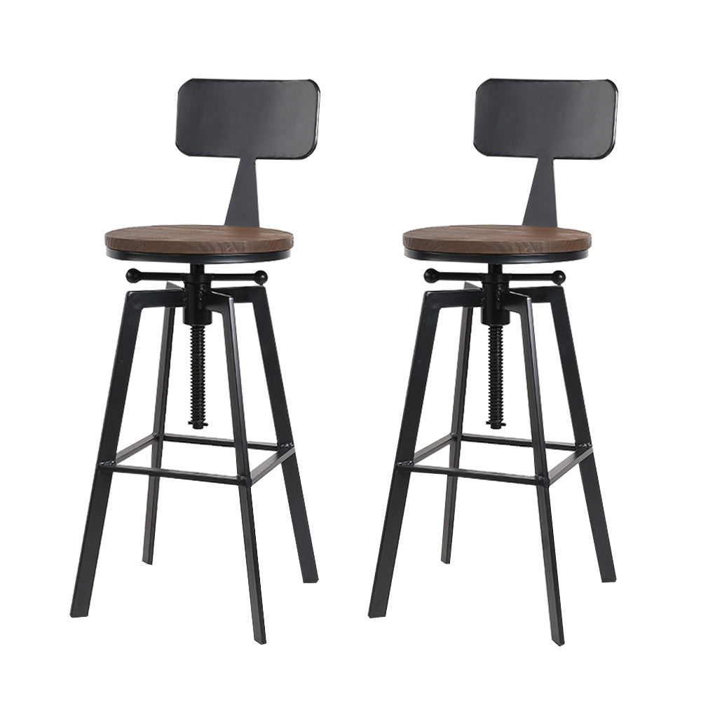 Set of 2 Swivel Adjustable Industrial Bar Stools w/backrest – Black Metal Frame & Elm Wood Seat