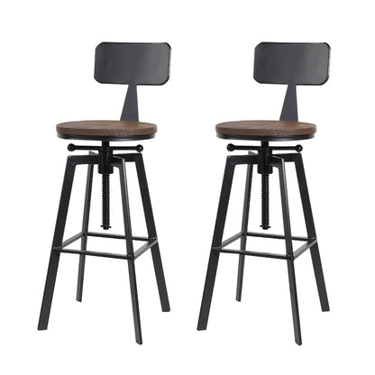 Set of 2 Swivel Adjustable Industrial Bar Stools w/backrest – Black Metal Frame & Elm Wood Seat