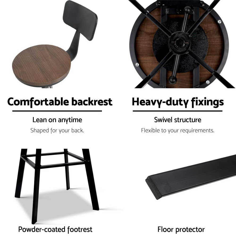 Set of 2 Swivel Adjustable Industrial Bar Stools w/backrest – Black Metal Frame & Elm Wood Seat
