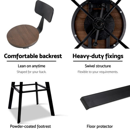 Set of 2 Swivel Adjustable Industrial Bar Stools w/backrest – Black Metal Frame & Elm Wood Seat