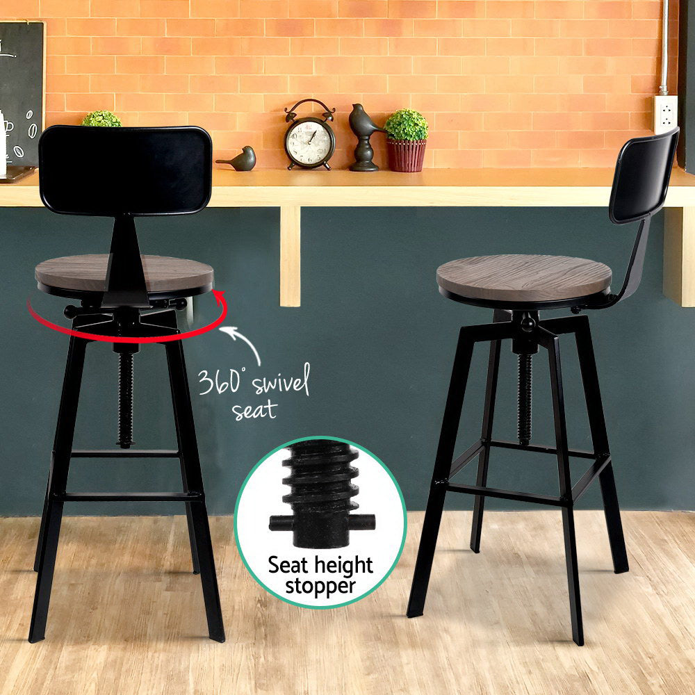 Set of 2 Swivel Adjustable Industrial Bar Stools w/backrest – Black Metal Frame & Elm Wood Seat