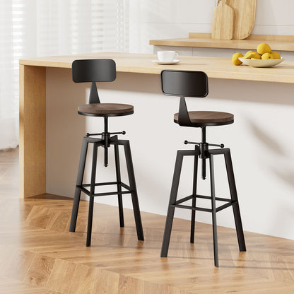Set of 2 Swivel Adjustable Industrial Bar Stools w/backrest – Black Metal Frame & Elm Wood Seat