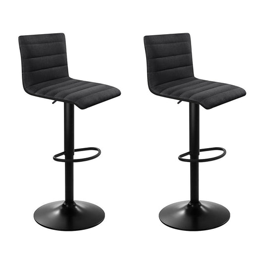 Set of 2 Linen Fabric Gas Lift Bar Stools All Black