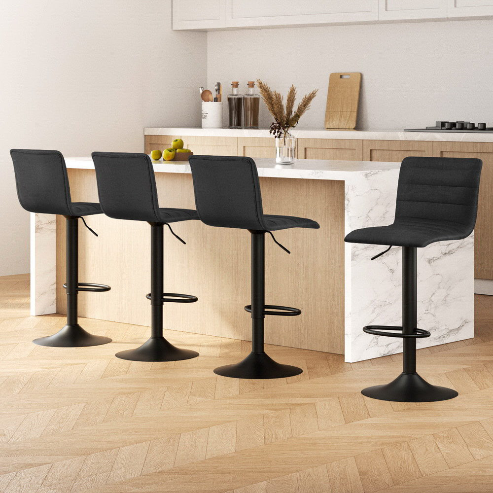 Set of 4 Linen Fabric Gas Lift Bar Stools All Black