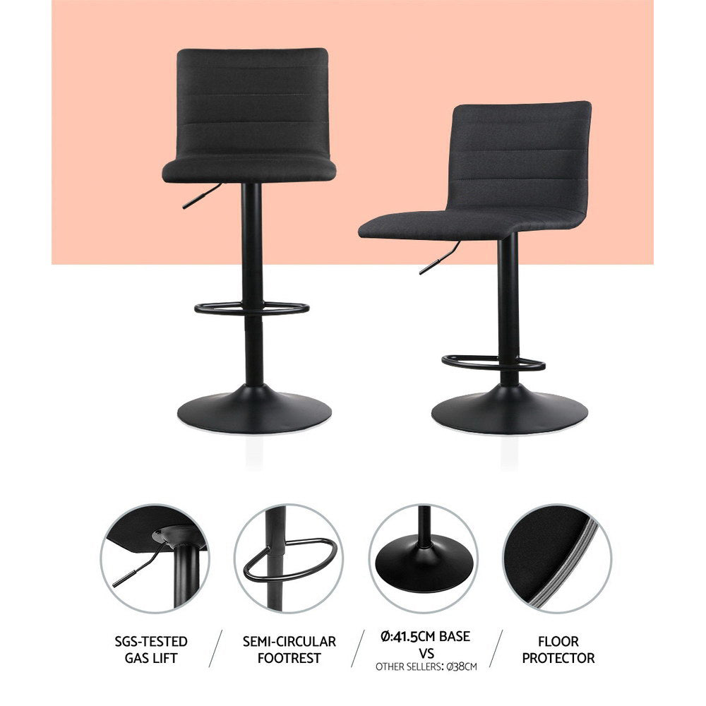 Set of 4 Linen Fabric Gas Lift Bar Stools All Black