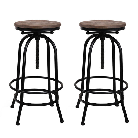 Two bar stools with wooden seats and black metal frames on a white background
