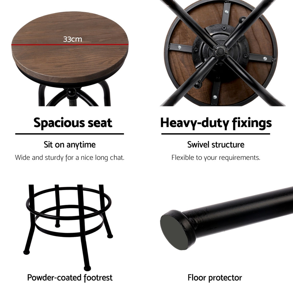 Product features of a wooden stool with text highlighting spacious seat, heavy-duty fixings, powder-coated footrest, and floor protector.