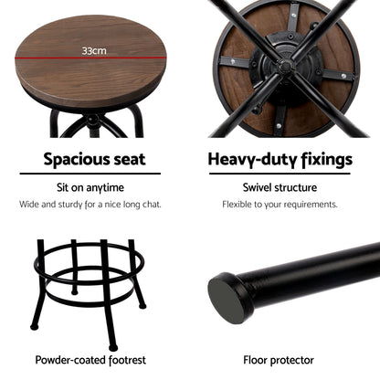 Product features of a wooden stool with text highlighting spacious seat, heavy-duty fixings, powder-coated footrest, and floor protector.