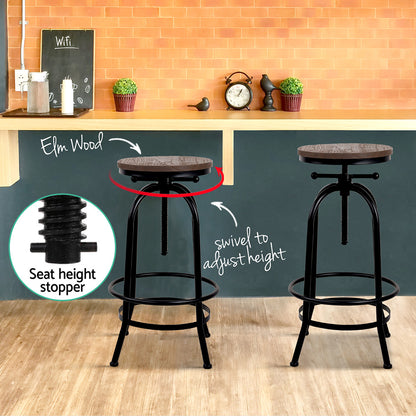 Two adjustable bar stools with a seat height stopper feature, shown in a kitchen setting.