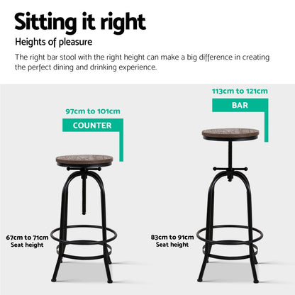 Two bar stools with height measurement labels on a white background