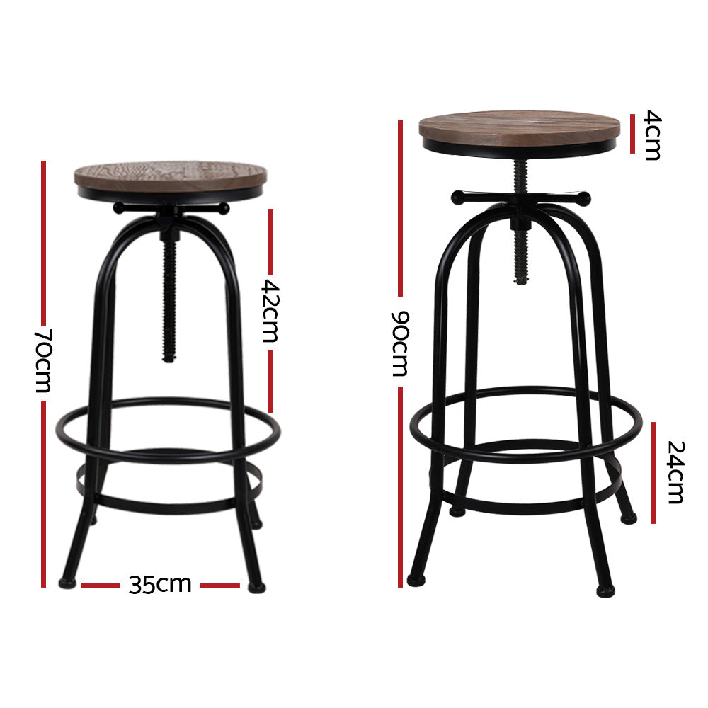 Set of 2 Swivel Adjustable Industrial Bar Stools – Black Metal Frame & Elm Wood Seat