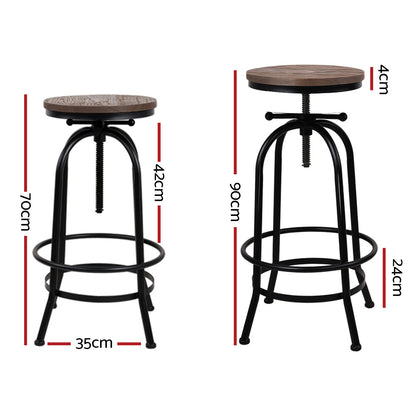 Set of 2 Swivel Adjustable Industrial Bar Stools – Black Metal Frame & Elm Wood Seat