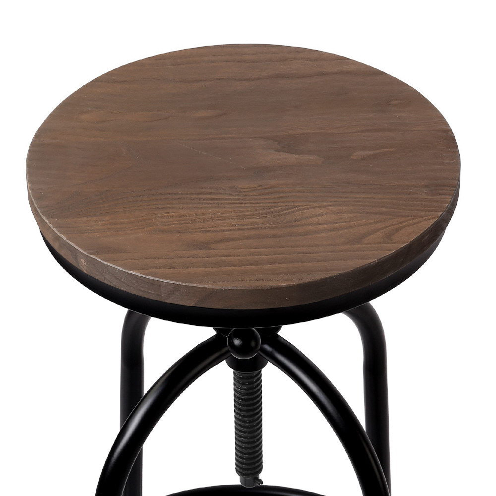 Set of 2 Swivel Adjustable Industrial Bar Stools – Black Metal Frame & Elm Wood Seat