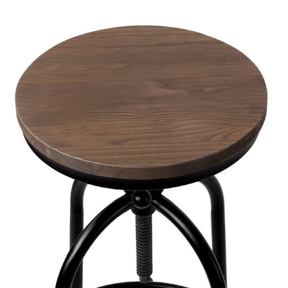 Set of 2 Swivel Adjustable Industrial Bar Stools – Black Metal Frame & Elm Wood Seat