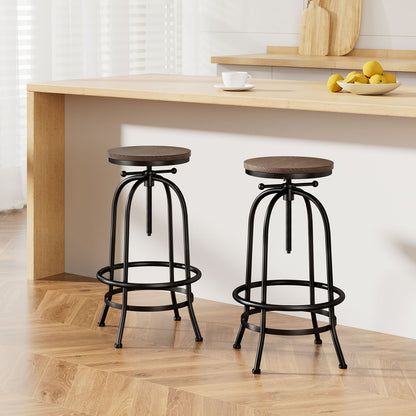 Set of 2 Swivel Adjustable Industrial Bar Stools – Black Metal Frame & Elm Wood Seat