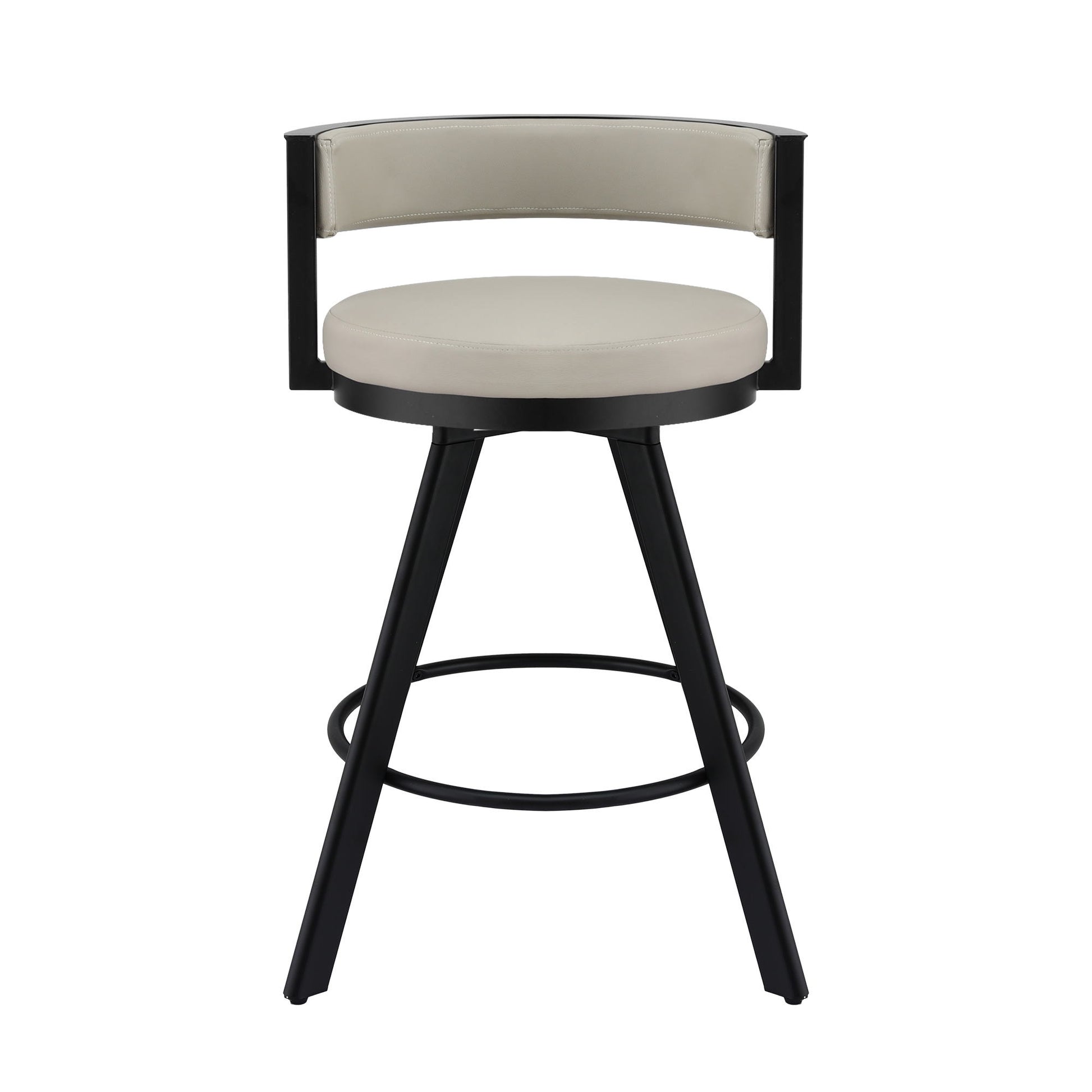 Bar stool with black frame and beige cushion on a white background