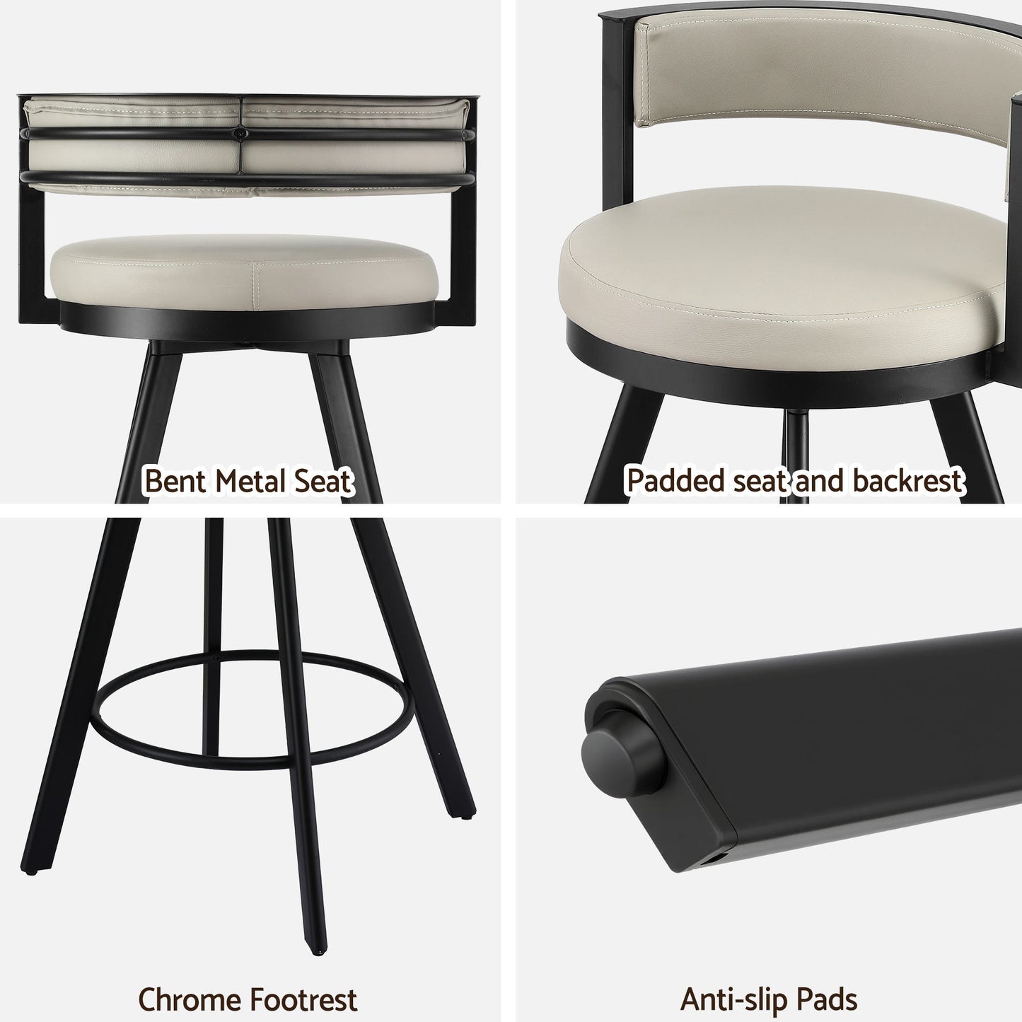 Collage of a bar stool with labeled features including bent metal seat, padded seat and backrest, chrome footrest, and anti-slip pads.