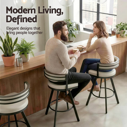 Two people sitting at a modern counter with plants and 'Modern Living, Defined' text.