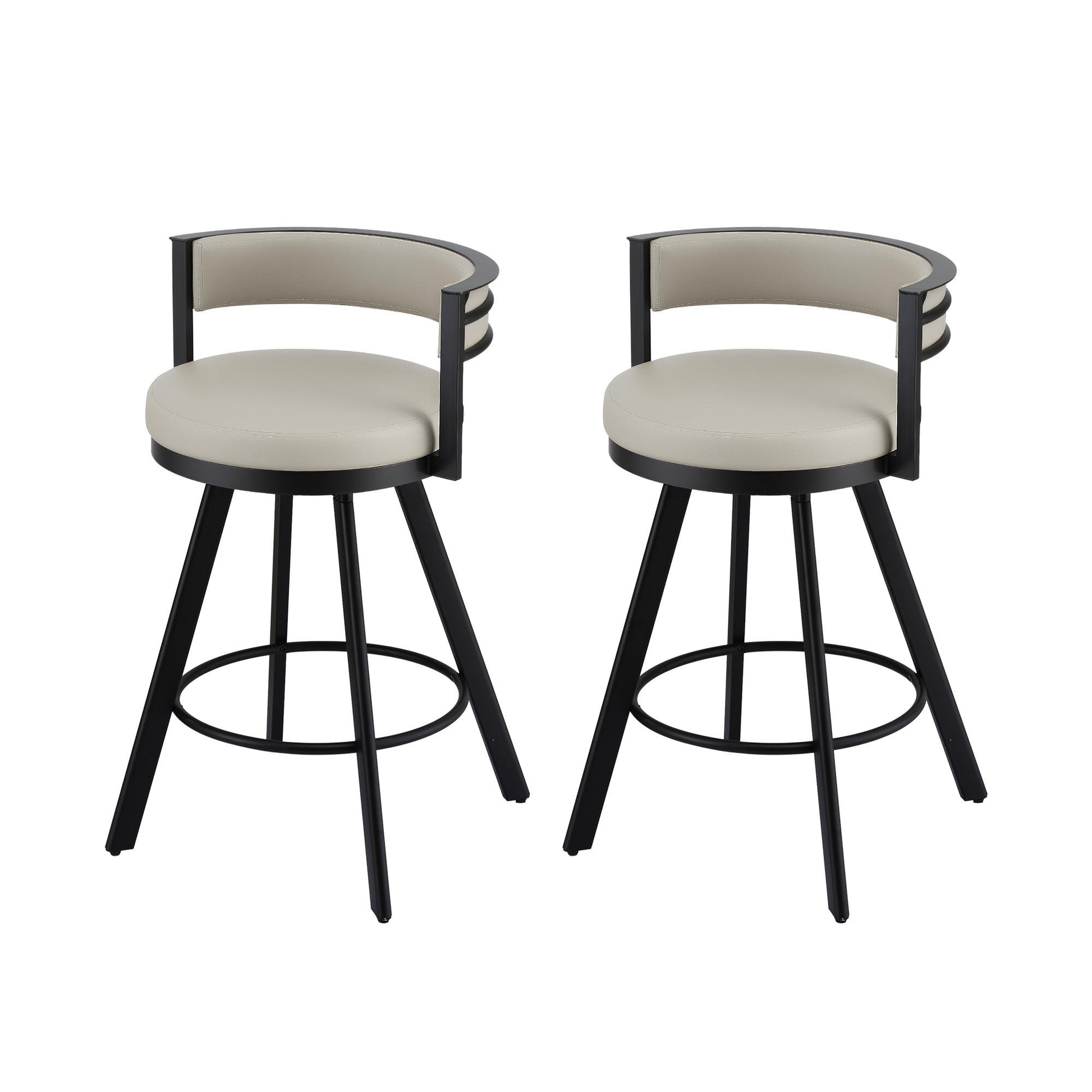 Two bar stools with beige seats and black metal frames on a white background