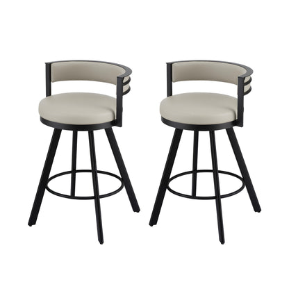 Two bar stools with beige seats and black metal frames on a white background