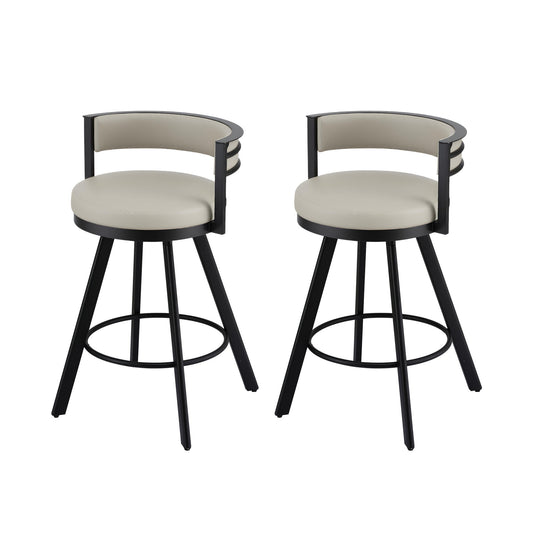 Two bar stools with beige seats and black metal frames on a white background