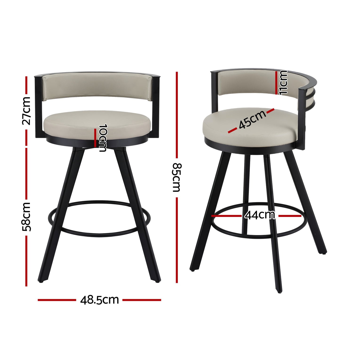 Two bar stools with dimensions marked on a white background