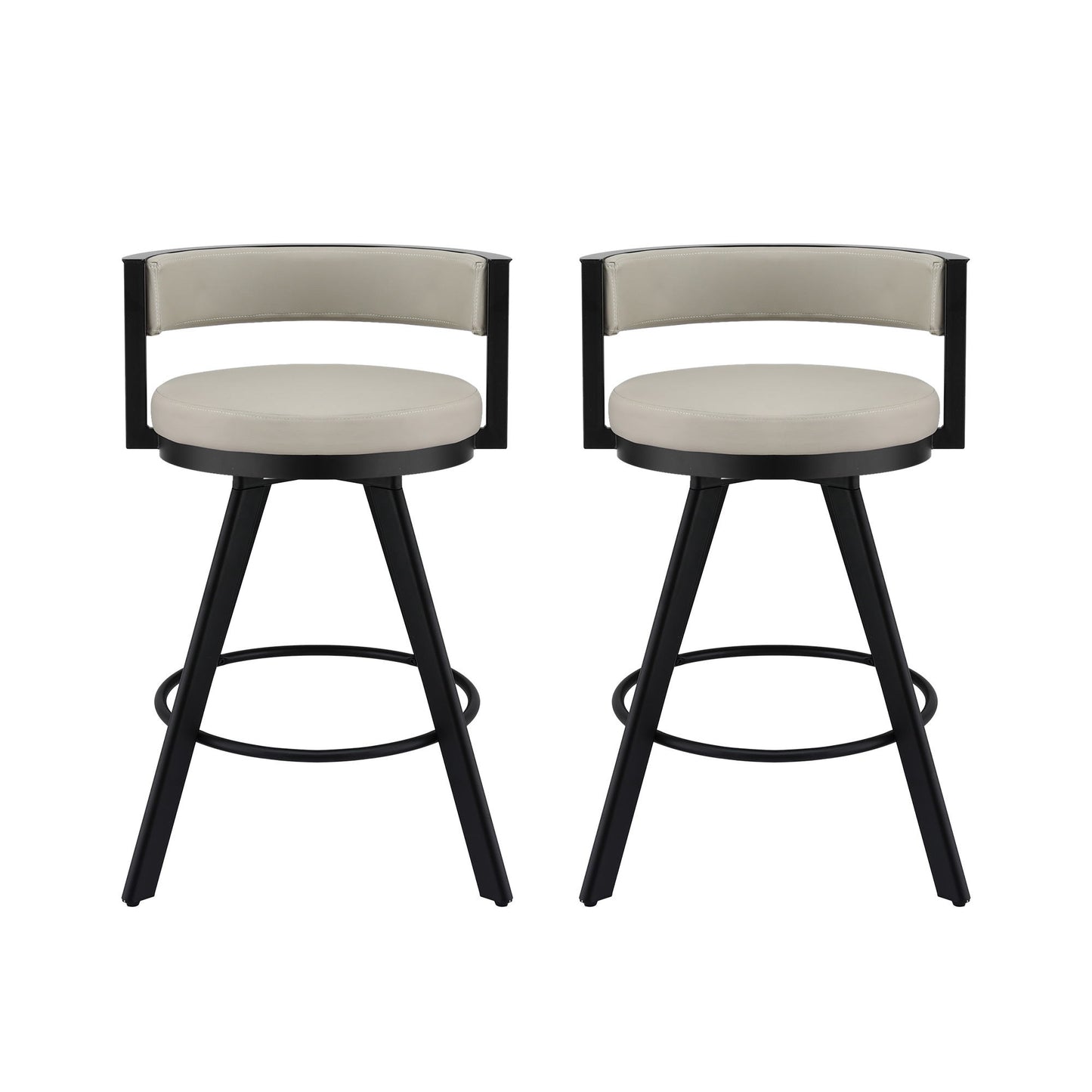 Two bar stools with black frames and beige seats on a white background