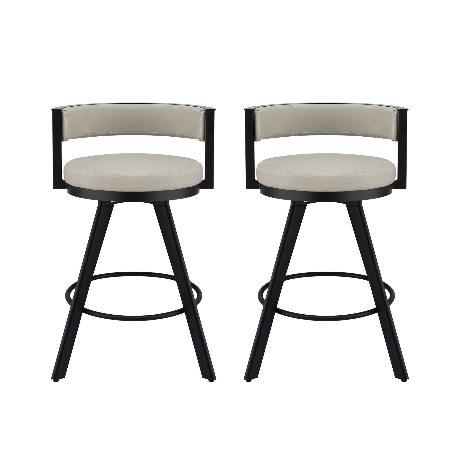 Two bar stools with black frames and beige seats on a white background
