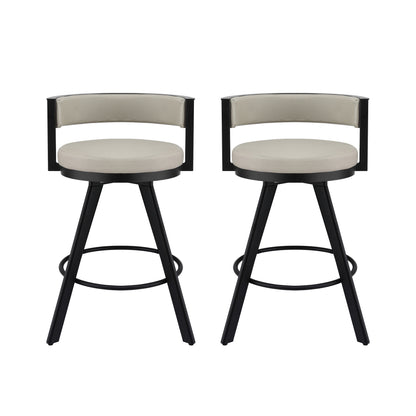 Two bar stools with black frames and beige seats on a white background