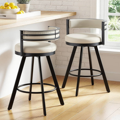 Two bar stools with black frames and white cushioned seats in a kitchen setting.