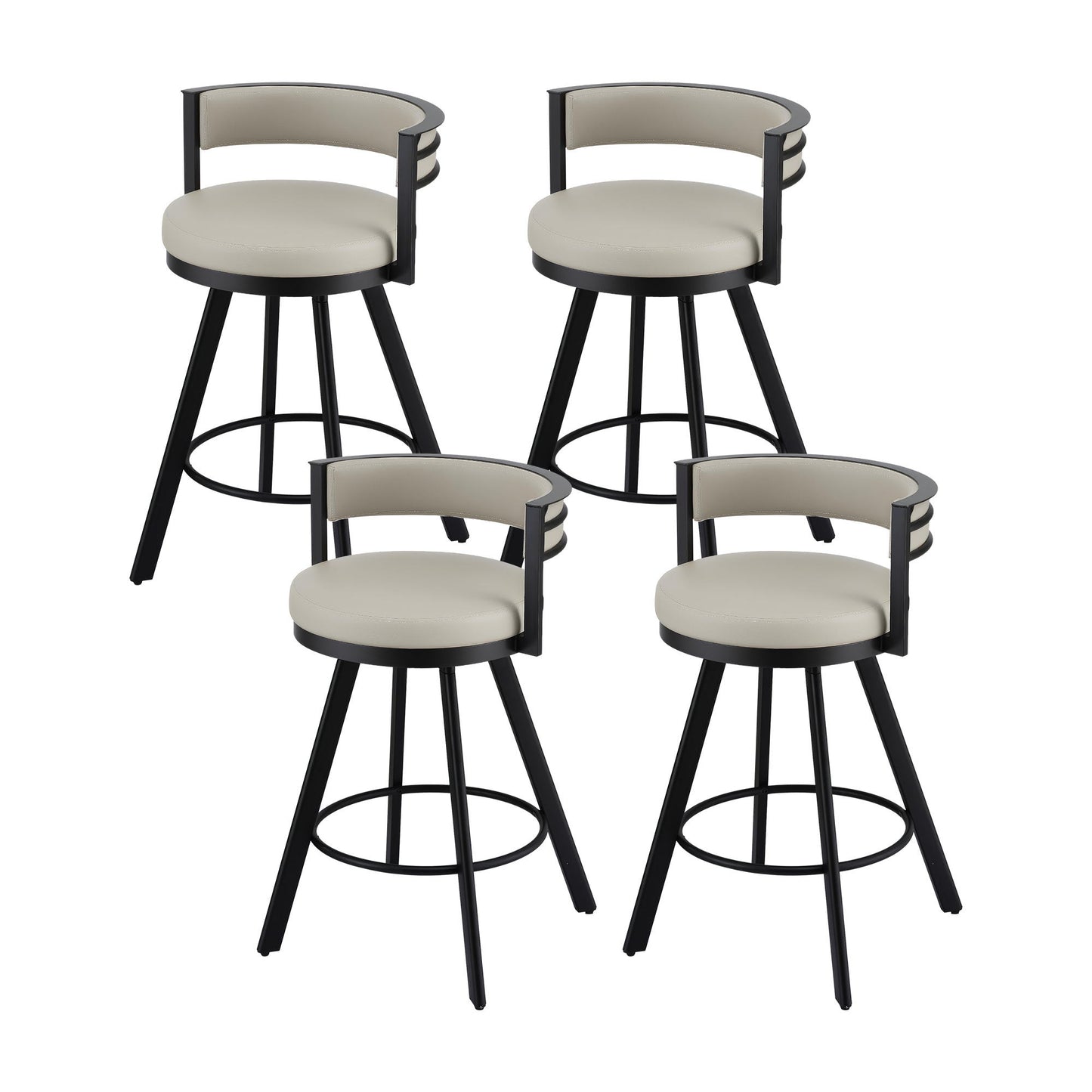 Four bar stools with black metal frames and beige cushioned seats on a white background