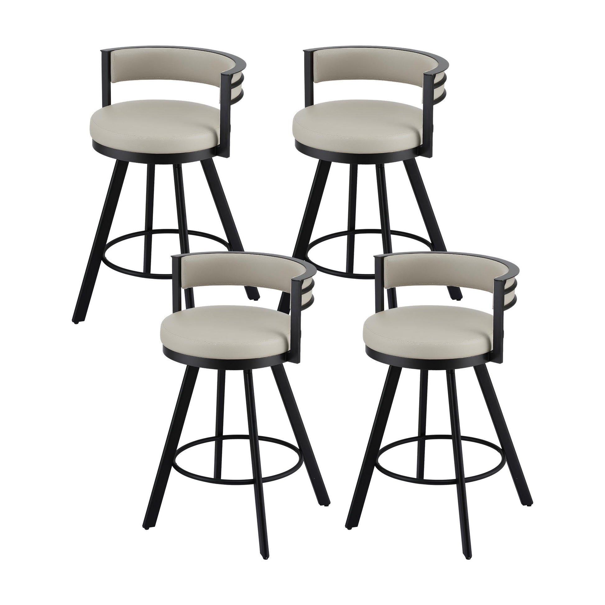Four bar stools with black metal frames and beige cushioned seats on a white background