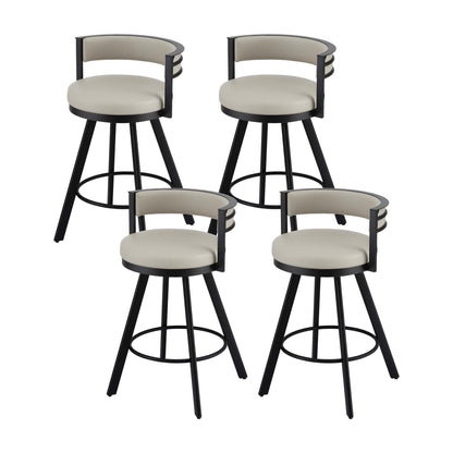 Four bar stools with black metal frames and beige cushioned seats on a white background