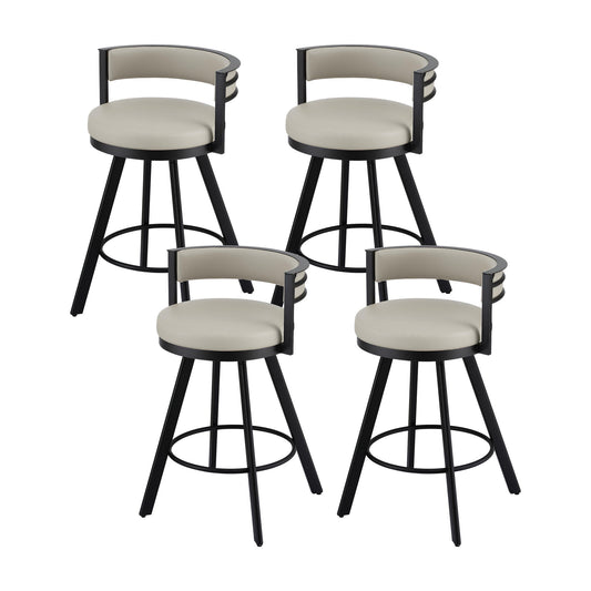 Four bar stools with black metal frames and beige cushioned seats on a white background