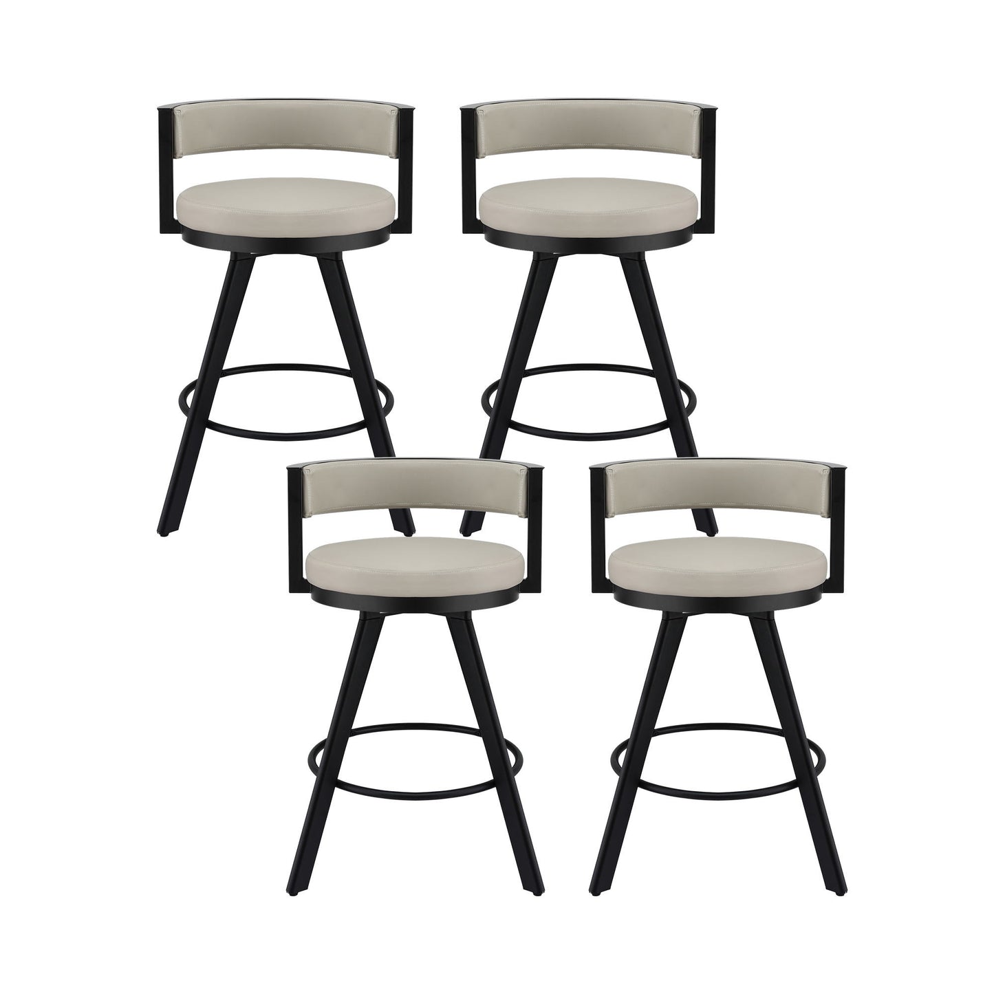 Four bar stools with black frames and beige seats on a white background