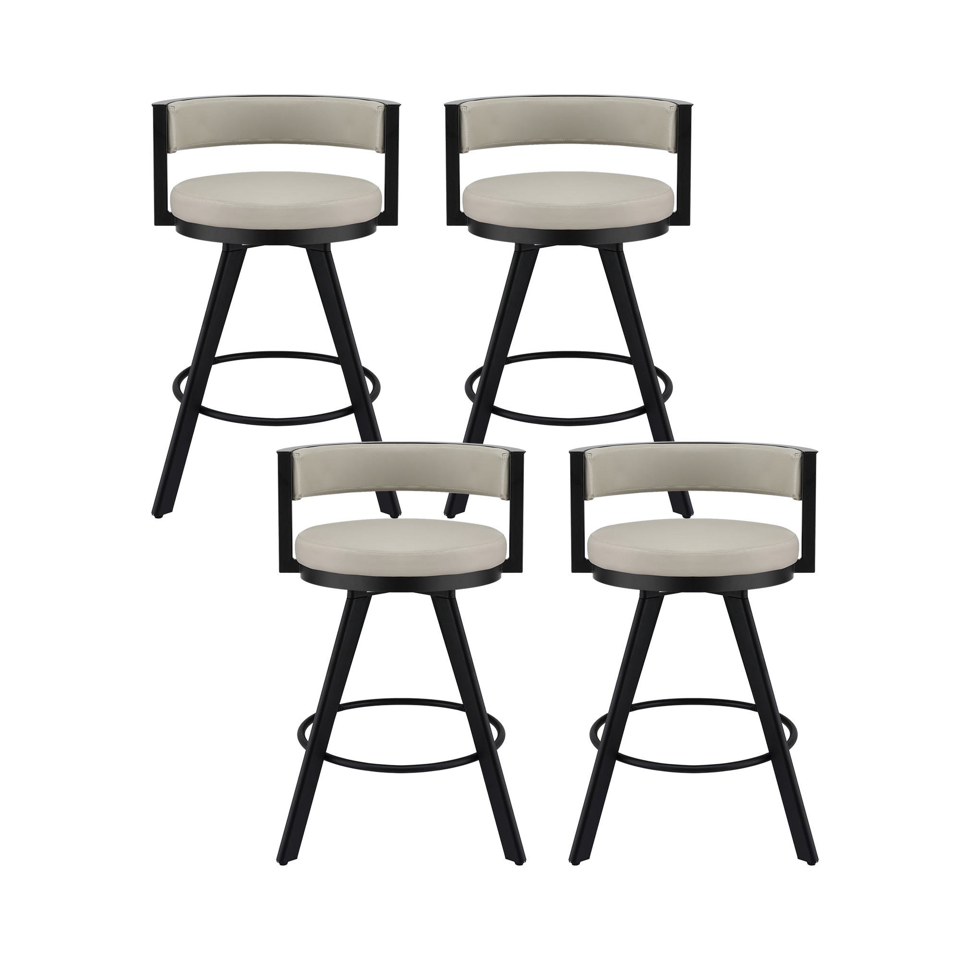 Four bar stools with black frames and beige seats on a white background