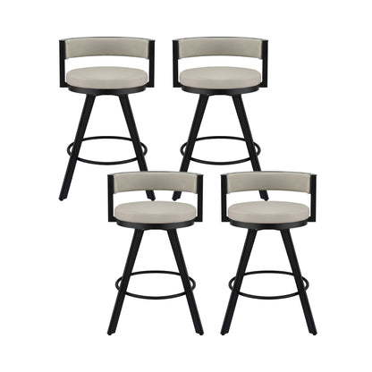 Four bar stools with black frames and beige seats on a white background