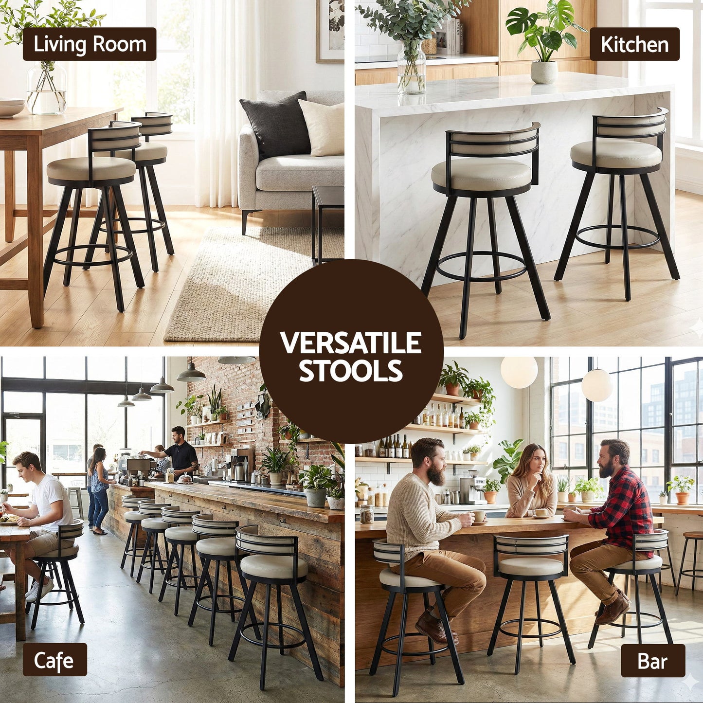 Collage of bar stools in various settings including living room, kitchen, cafe, and bar.