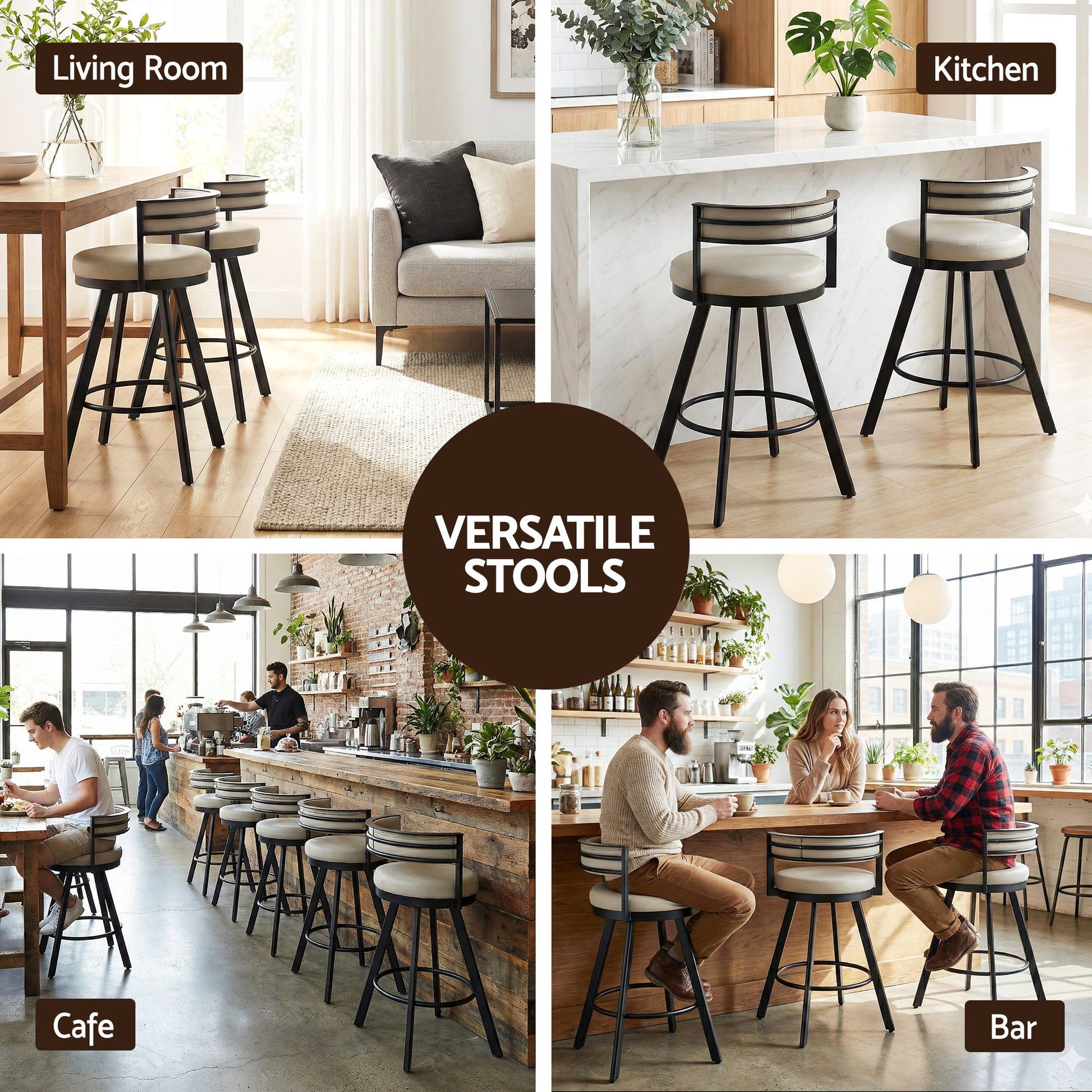 Collage of bar stools in various settings including living room, kitchen, cafe, and bar.