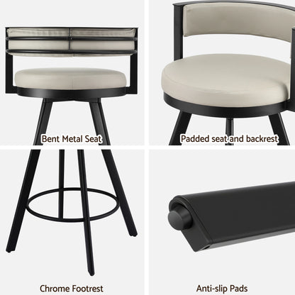 Collage of a bar stool with labeled features including bent metal seat, padded seat and backrest, chrome footrest, and anti-slip pads.