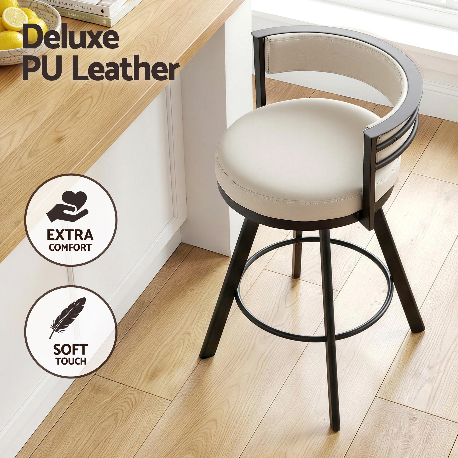 Bar stool with beige seat and black frame in a kitchen setting, featuring 'Deluxe PU Leather' text and icons.