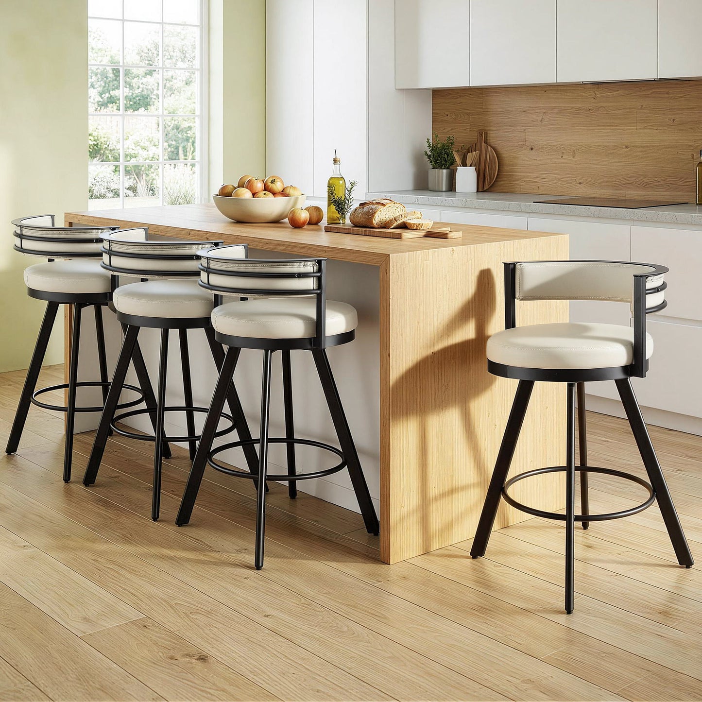 Modern kitchen with a wooden island and bar stools