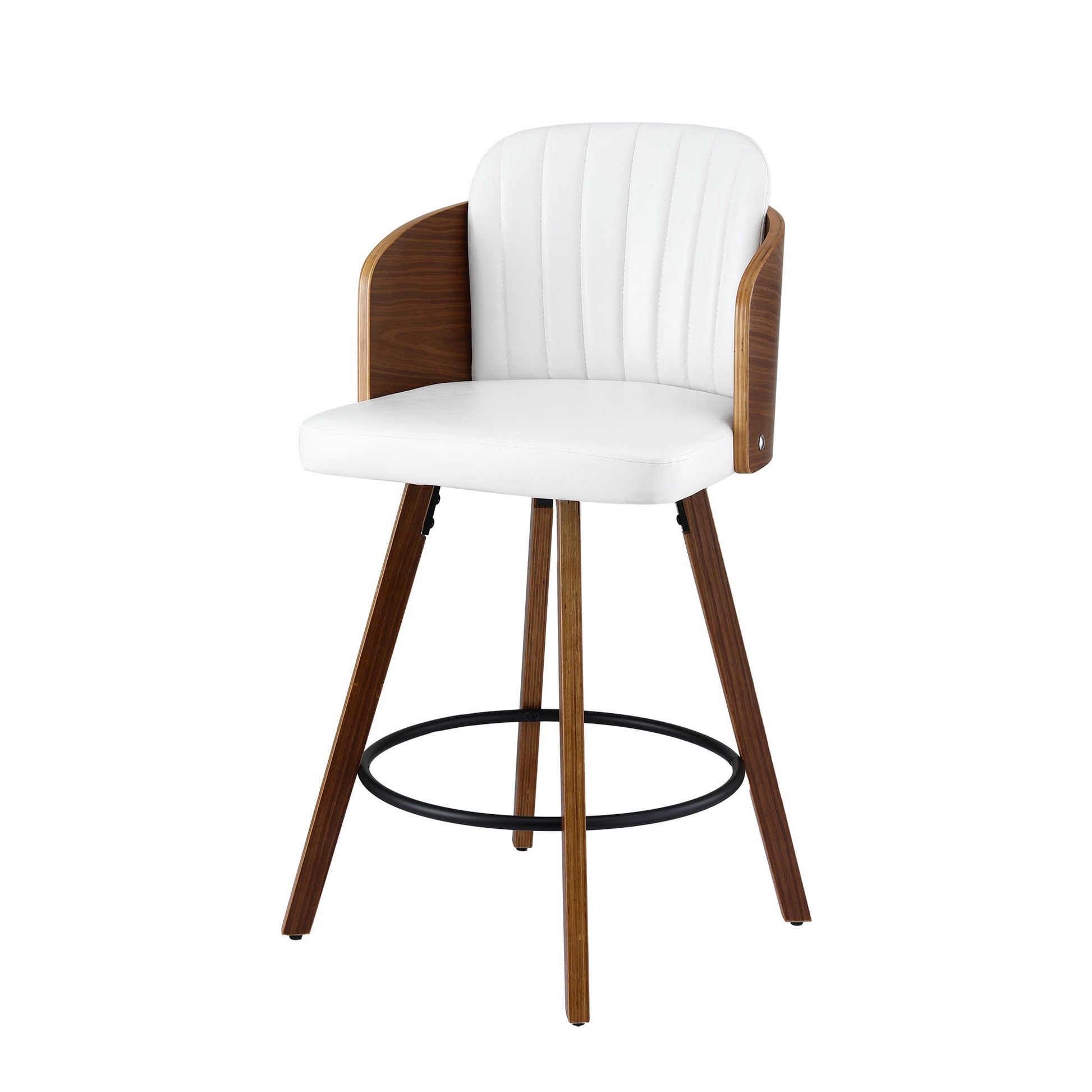 Bar stool with white cushioned seat and backrest on a white background