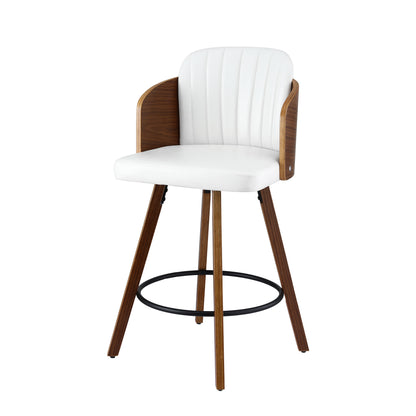 Bar stool with white cushioned seat and backrest on a white background
