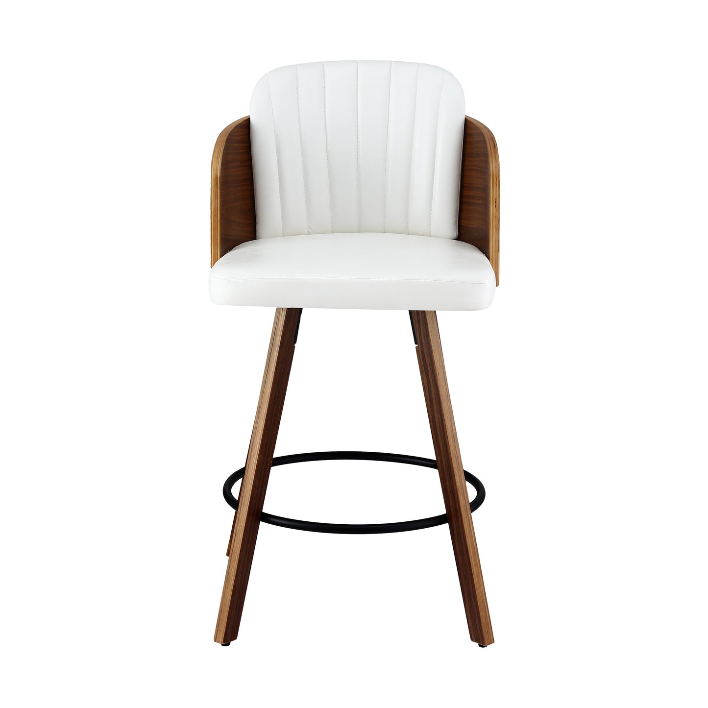 White bar stool with wooden legs on a white background