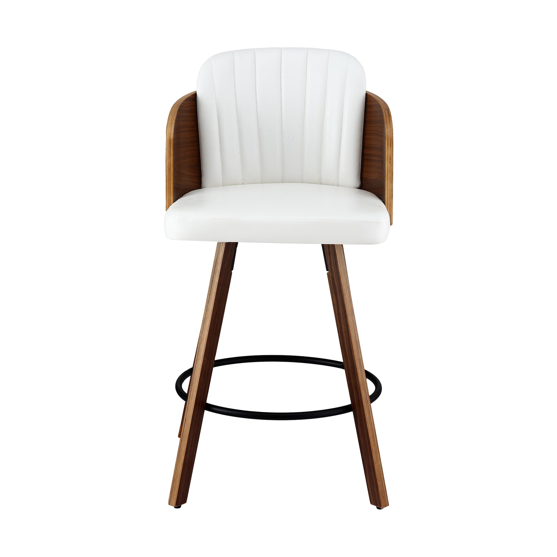 White bar stool with wooden legs on a white background