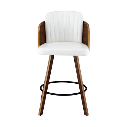 White bar stool with wooden legs on a white background